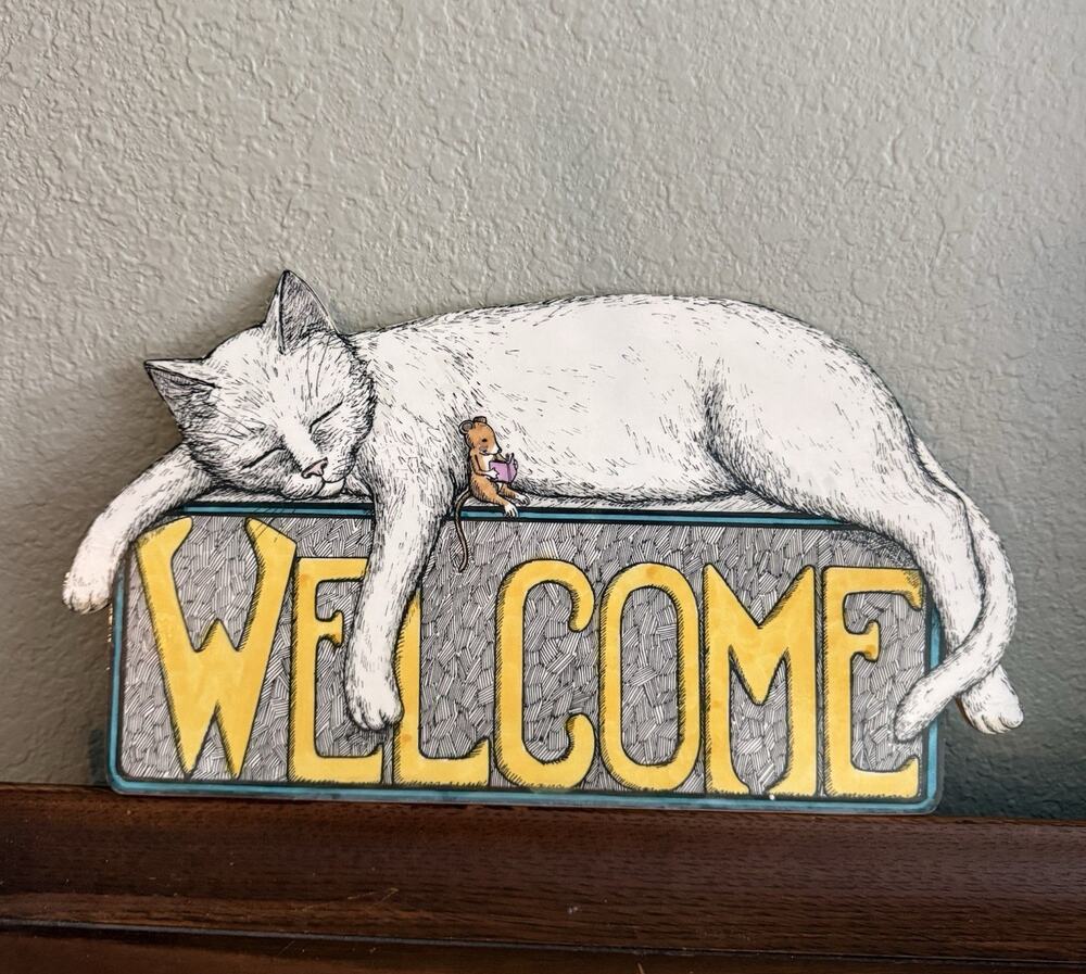 Vintage Wooden Cat Welcome Sign Plaque Painted 11in Hanging 1994